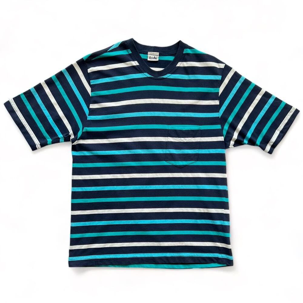 Vintage USA Made Duffel Striped T Shirt Navy Blue Teal White Preppy XL L Skater